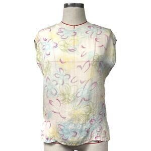 Vintage Royal Silk Womens Pastel Floral Sleeveless Blouse
